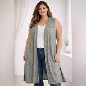 LuLaRoe Joy Sleeveless Duster Vest 2XL Gray Ribbed Long Open Front Cardigan